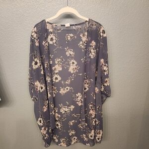 Women's I Joah Blue Floral Duster Cardigan Kimono Size Large Boho Hippie Chic